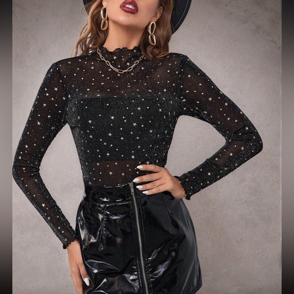 Star mesh shirt top blouse sheer transparent sexy black gold star sequins - Picture 2 of 7